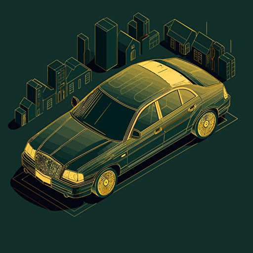 isometric world, gold over dark green 2003 Maybach 57, parked on street in Chicago, in the style of Matthew Skiff illustrations, in the style of Christopher Lee illustrations, in the style of Jonathan Ball illustrations, simple, rough-edged drawing, vector illustration, flat art,