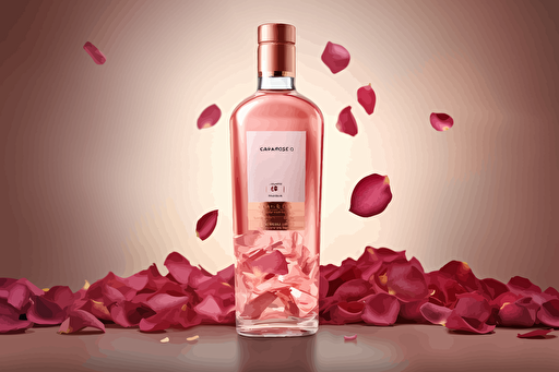 alcohol brand bottle vectorized sales sheet design layout, full resolution, pink white, pink rose petals , illustrator