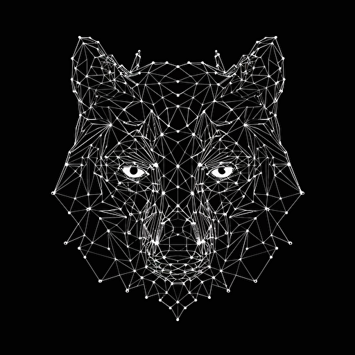 Angry sacred geometry wolf, Banksy style, black background, large closed shapes, fantasy roboter, white space to fill, abstract, artistic, pen outline, white background, very simple, full field of view, centre, minimalistic logo vector art , simple flat vector logo