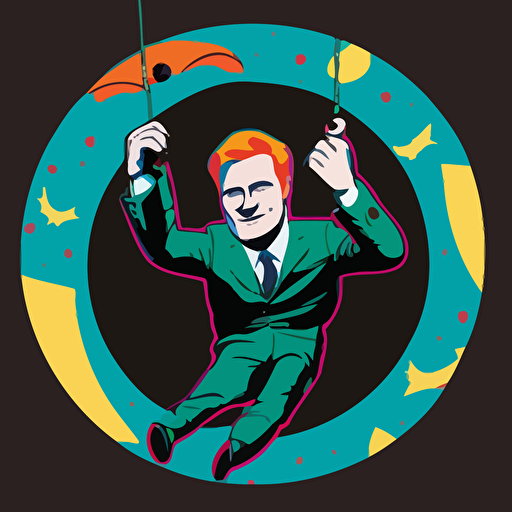 vector cartoon of conan o'brien hanging from a paper moon, exaggerated, vibrant colours, centered, dark background