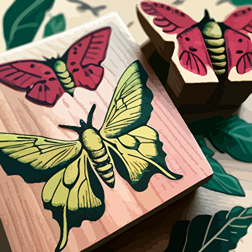 close up of a rosy maple moth, a luna moth and an atlas moth vector style wood block print