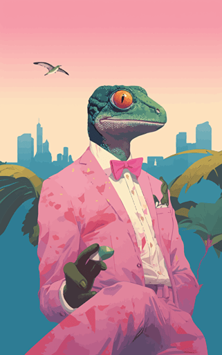 flat vector book cover design by frank quitely showing painted wallpaper hawaii background to a pink anthropomorphic gecko salesman wearing a battered worn suit
