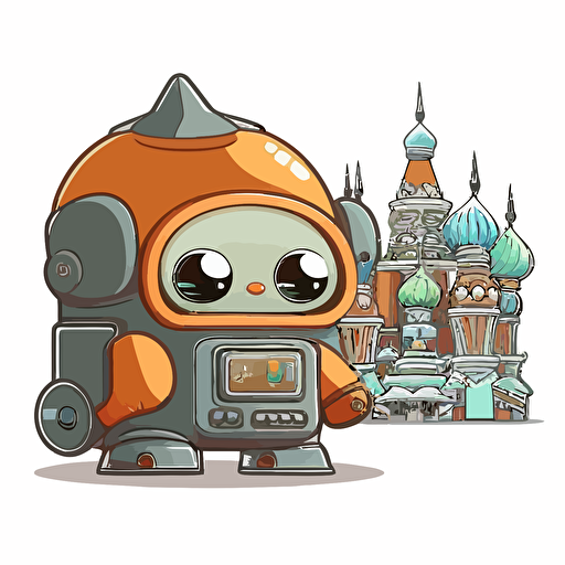 crazy fat robot in russan kremlin, cute vector sticker kid white background
