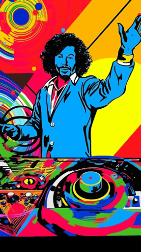 an abstract, comic-style vector, colorful vivid 70s party flyer image of a german funk and soul dj playing vinyl records on a technics 1210 in a small soul club, people dancing, leave empty space for flyer details
