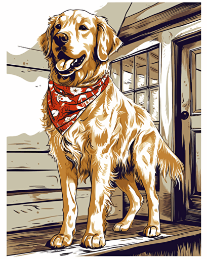 paint a golden retriever standing on its hind legs leaning against the wall inside of a nice house, wearing a bandana, vector art style, white background