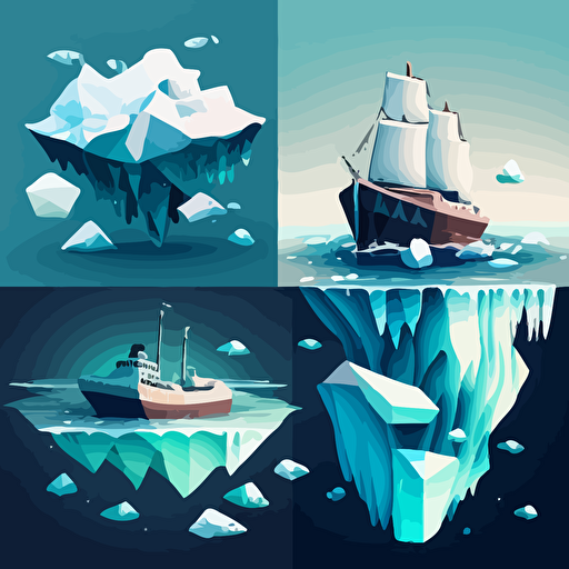 Multiple icebergs, one sinking ship from hitting an iceberg, another ship with a hexagon logo on it, in the ocean, vector image