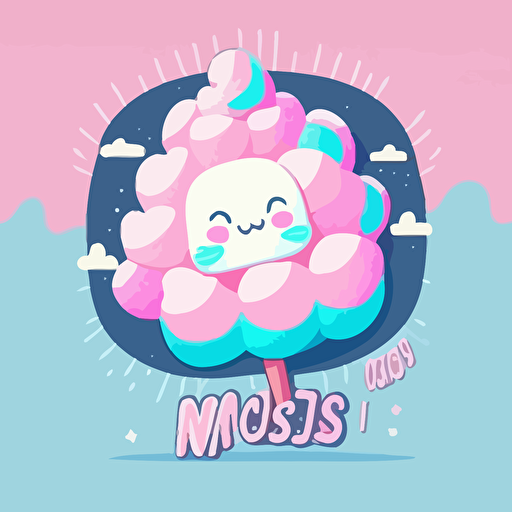 A marshmallow shaped logo with Fluffies name in blue and pink tones, cute, nice and appetizing, vector style and with summer vibes