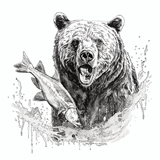 Grizzly bear with a fish in his mouth, close up, black and white illustration, vector style