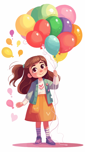 an adorable cute little girl in labor's working suit, her hand holding a banquet of rainbow color balloons, art flat vector illustration,
