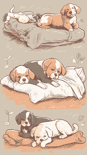 Set of charming hand drawn puppies in various sleeping positions on a cozy bed, surrounded by soft blankets and pillows, with warm sunlight streaming through the window, evoking coziness and comfort, Vector illustrations, warm lighting,