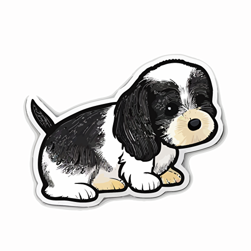 die-cut sticker, cute black and white puppy , bumble bee on its nose, white background, illustration minimalist, vector