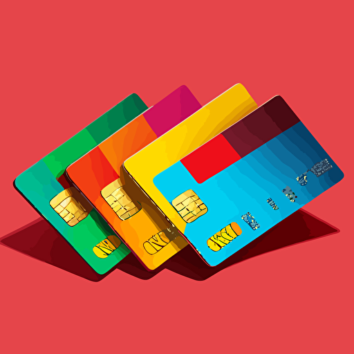 row of brightly coloured credit cards lying on a red surface, clean minimalist vector