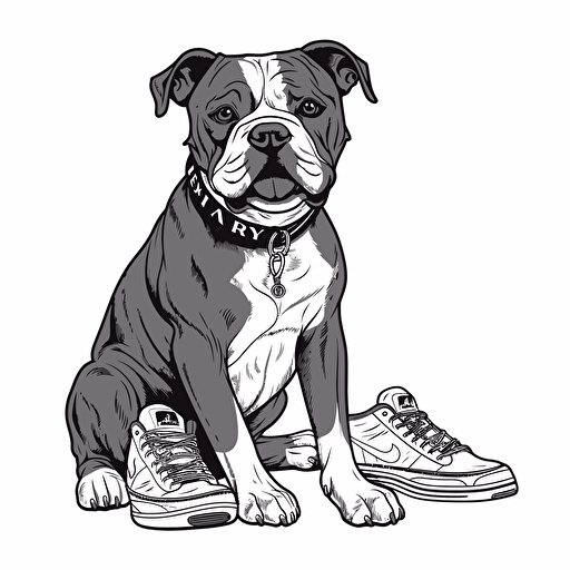 vector logo of American Bulldog sitting. He is seated next to a pair of running shoes. He looks happy. Black, white, and grayscale. Extra sharp detail.