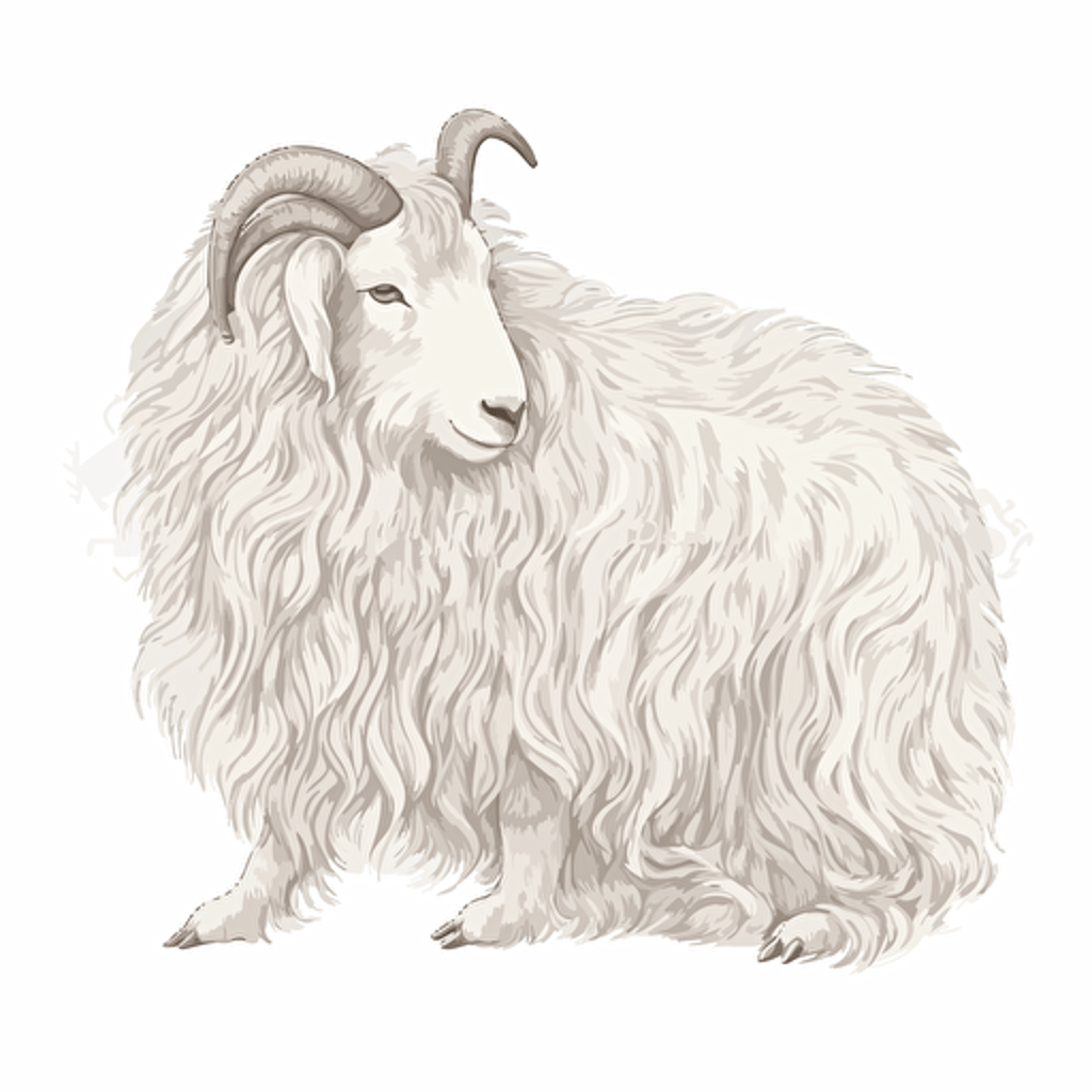drawing angora goat , long horns, curly hair, white color, natural background vectoral style