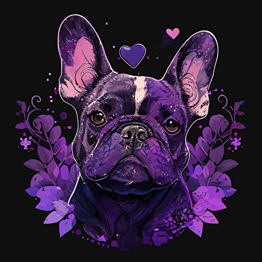 a head of a dark french bulldog surrounded by purple hearts , super detailed, vector