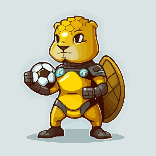 logo, yellow gopher holding a soccerball in a suit of armor, cartoon style, vector, no background