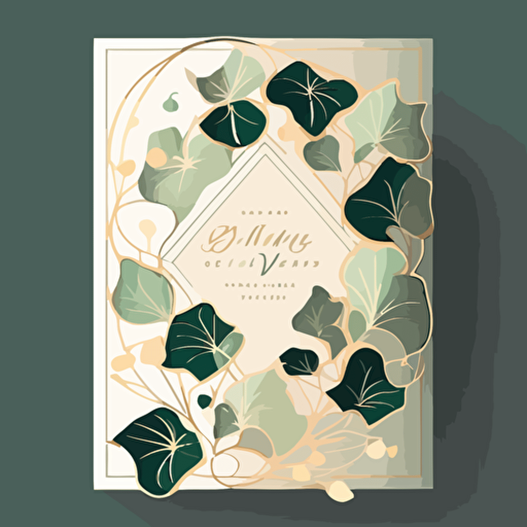 wedding booklet design. Stained glass ivy petal art front page. Muted colors. Light green, gold, white. Minimalistic. Flat vector illustration.