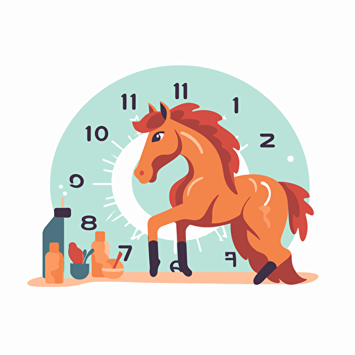 cute horse waiting and looking at clocks, simple vector flat illustration, transparent background