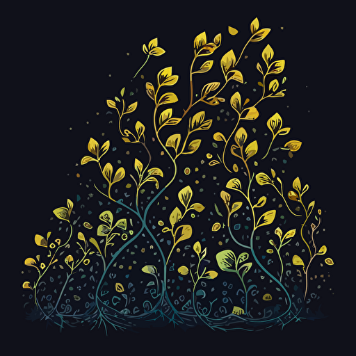 tiny curly sprouts, hand draw vector style, blue and yellow colors, similar to pattern style, dark background