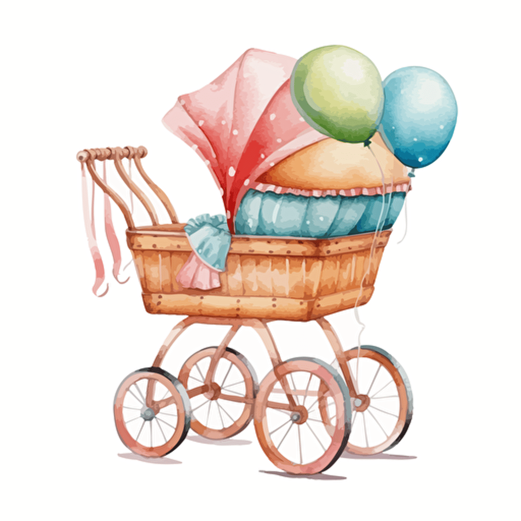watercolor design of super cute wooden baby pram, detailed, vector