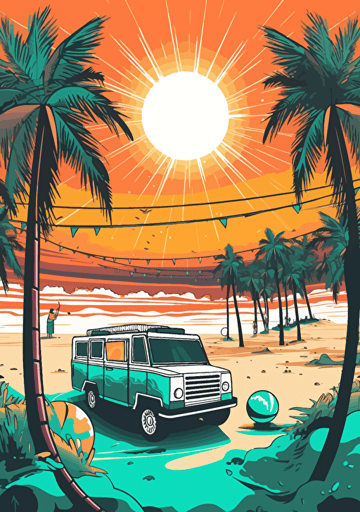 a beach volleyball on the sand of the beach with a big Soundsystem under palm trees behind, colorful, manga style, vectorization, music festival