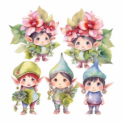 cute elves, flowers, detailed, cartoon style, 2d watercolor clipart vector, creative and imaginative, hd, white background