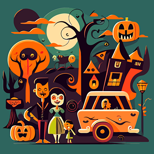 mid century retro Halloween, 2d flat cartoon, vector illustration, vibrant colors