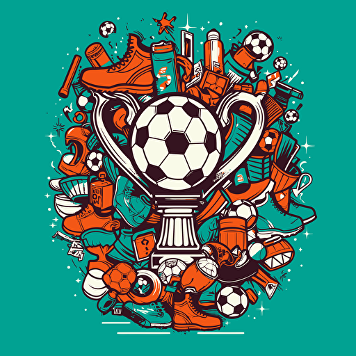 Create a vector image illustration with a soccer theme that depicts various elements such as soccer balls, sneakers, soccer players, and trophies floating in the air. Use bright and vibrant colors and add a thin black outline to the elements to make them stand out. Make sure that the image captures the energy and excitement of a soccer game while showcasing the various elements in a fun and engaging way