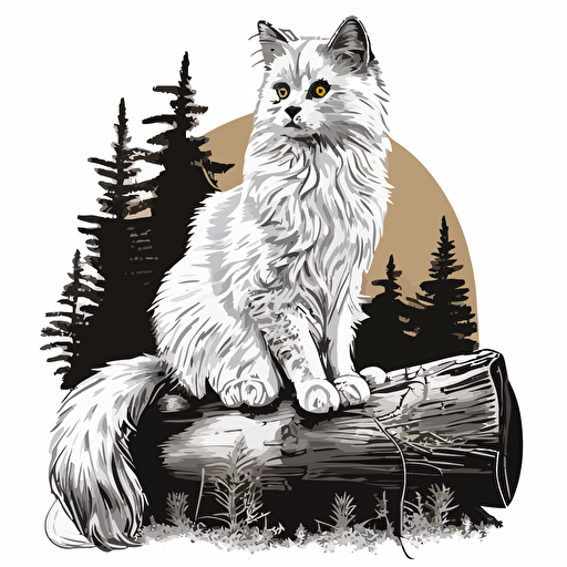 silver and white norwegian forest cat sitting on a log white chest illustartion svg vector style