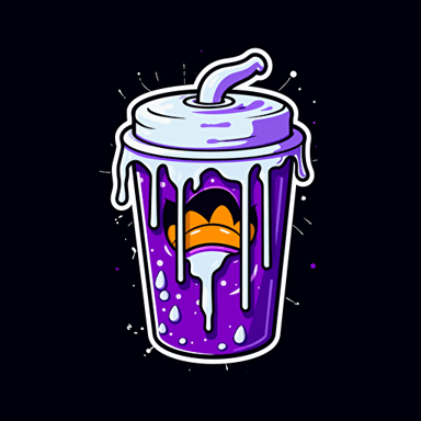 a drippy vector design of a white styrofoam cup dripping purple syrup, tipped spilling purple syrup, cartoon style, sticker, black background