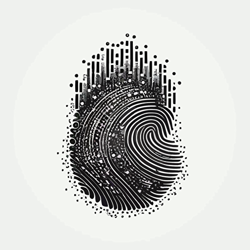 a futuristic pixel iconic logo of a fingerprint made of circuitry, black vector on white background.