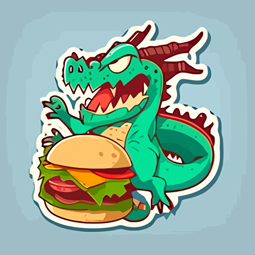 dragon and burger:sticker,illustration ,vector ,cartoon style