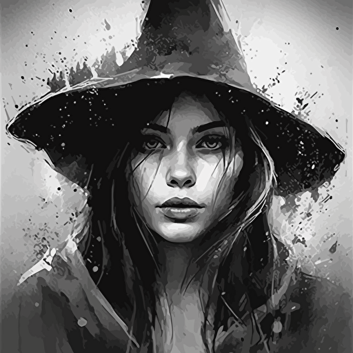 black and white witch girl print by starkneeds design, in the style of patrice murciano, alena aenami, emerico imre toth, contest winner, misty atmosphere, the stars art group (xing xing), simplistic vector art