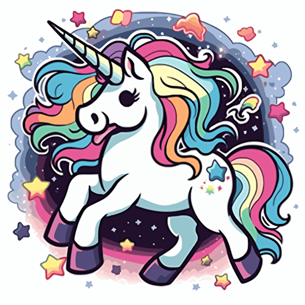 A whimsical cartoon unicorn and rainbow, showcasing a magical unicorn prancing in front of a bright and colorful rainbow, vector illustration,