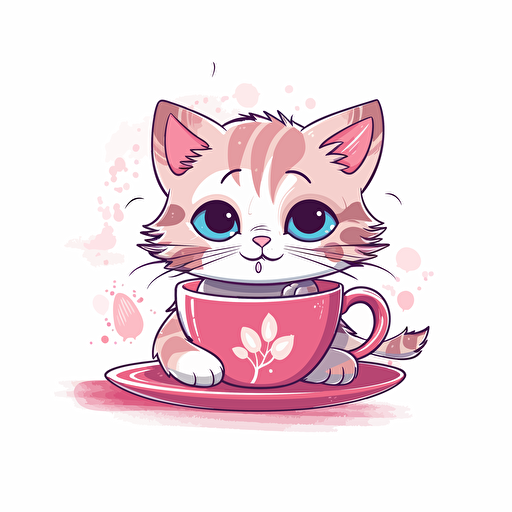 a vector illustration of a cute cat drinking coffee from a cup, on solid white background