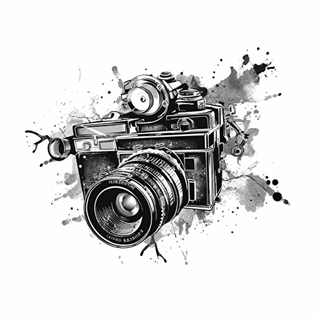 Modern logo of old film camera mixed with a gun, black vector, on white background