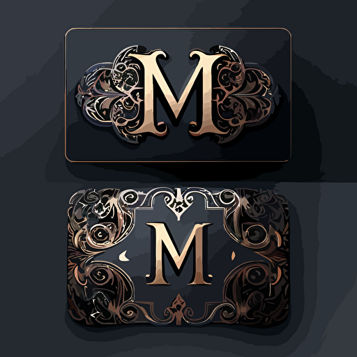 business card logo with ghotic M letter, dark ornamental style,filigrane, vector, ultra definition