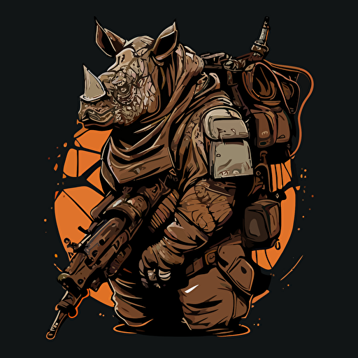 a vector logo design of a rhino with machine gun belts wrapped around his neck, tactical