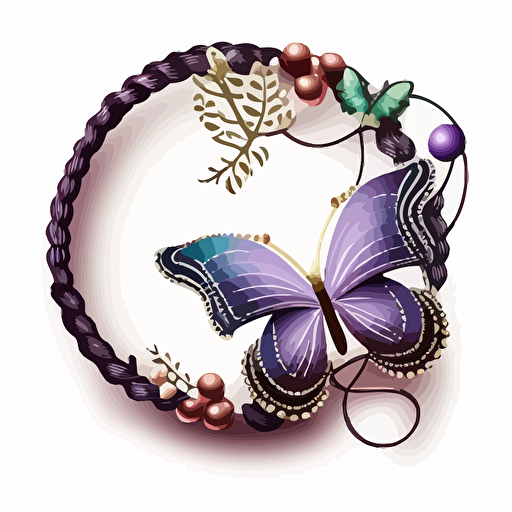 a bracelet embellished with colored beads and a purple butterfly, surrounded by a thin rope, logo, vector illustrated, flat design