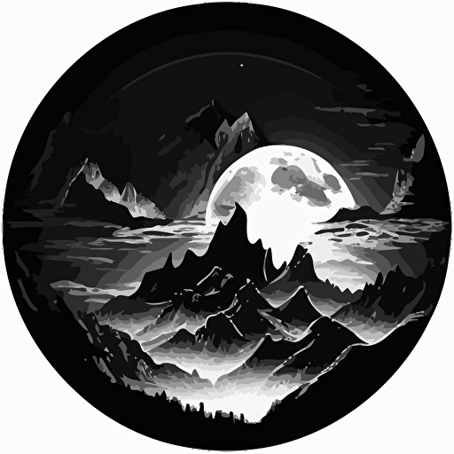 fantastical mountain range at night drawing, monotone, single layer, no shadows, #000000, 700mm diameter perfect circle, black outer border, vector art