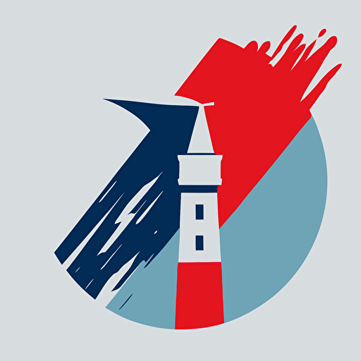 a flat vector style bauhaus logo of a paintbrush merged with a lighthouse and gulls, geometric, super simple, blue,white,red colors