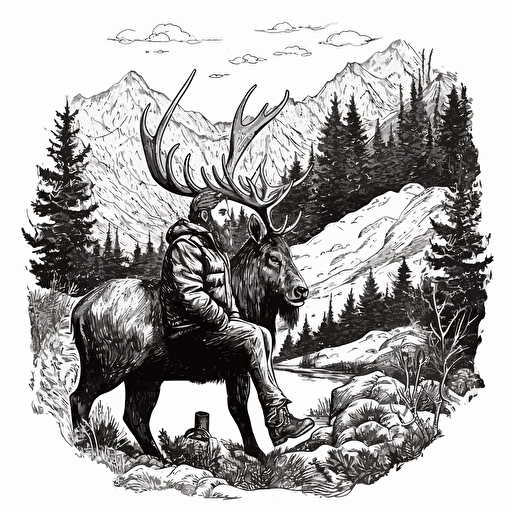 Elk drinking coffee dressed in hunting gear, black and white illustration, simple vector, white background ::woodcut style