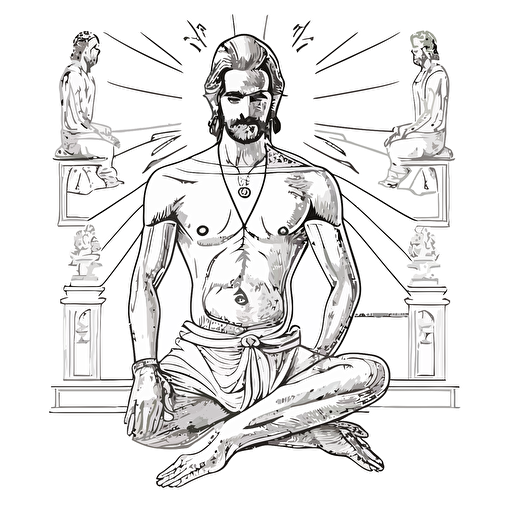 confidence composure knowledge of self higher self asana shankara upanishad ved meditation isometric hand drawn sketches line drawing illustration vector