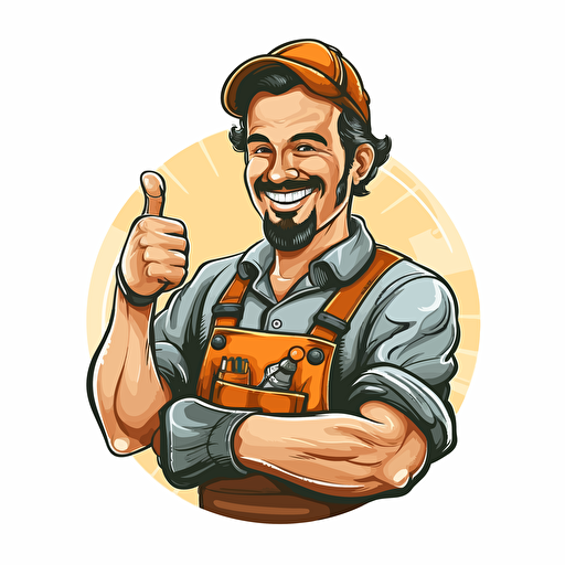 Logo, handyman, vector, cartoon, white background, vibrant style, happy man
