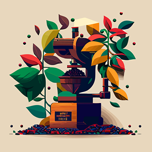 coffee growing illustration, coffee bean, grinder, grower, 2d vectors, geometric, colors inspired by Colombia and coffee culture, coffee growing