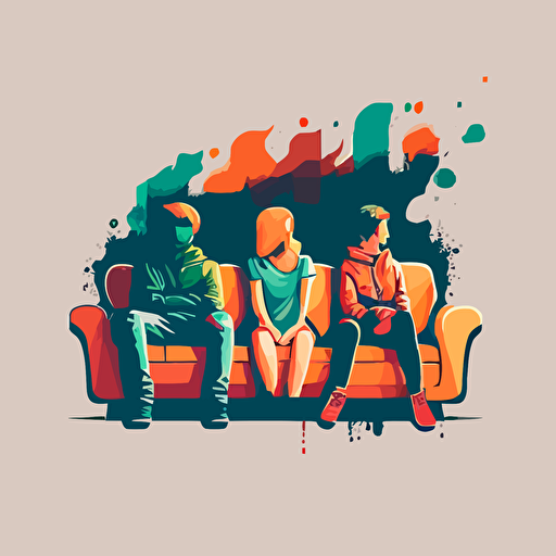 2 boy and 1 girl sitting on a couch, simple vector art, steamy