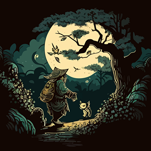 Drawing from the Japanese folklore of Tanuki, design a vector illustration of Satoshi Nakamoto encountering a mischievous Tanuki while strolling through a mystical forest. Set the scene under a magical moonlit sky.