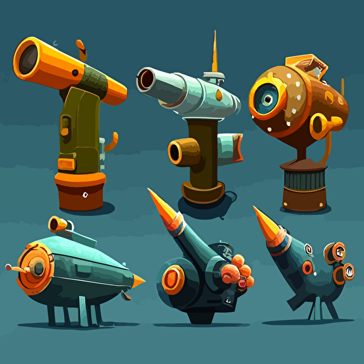 5 cartoony aquatic bazookas lined up, vector, theme is atlantic, coral, ocean, cartoony,bazooka, grenade launcher, 2D, concept art, Pet Simulator X