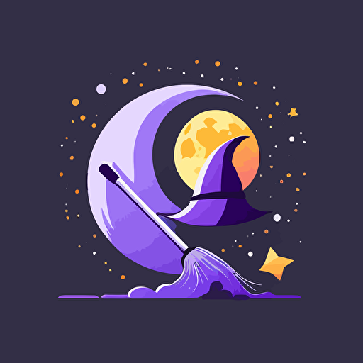 a playful vector logo illustration with a full moon and a witch broom that is like a rocket, minimalist, vector design, purple and silver, flat colors, large file, full res, AI