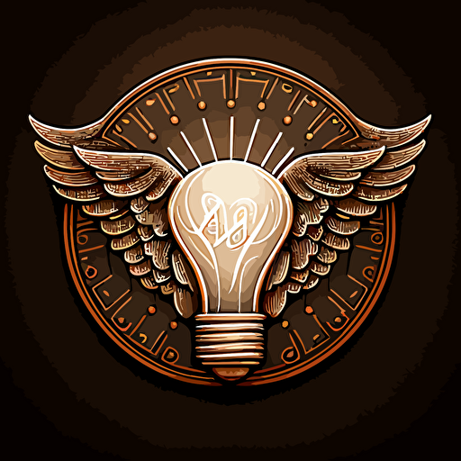 light bulb with wings, vector art, coin design, logo, simple, perimeter has circuitry